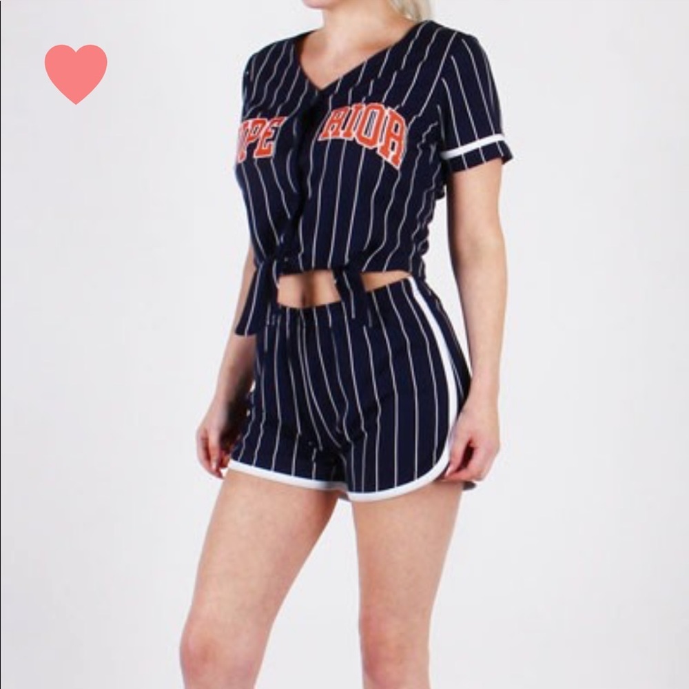 Navy Blue Striped Jersey Short Set Stretchy